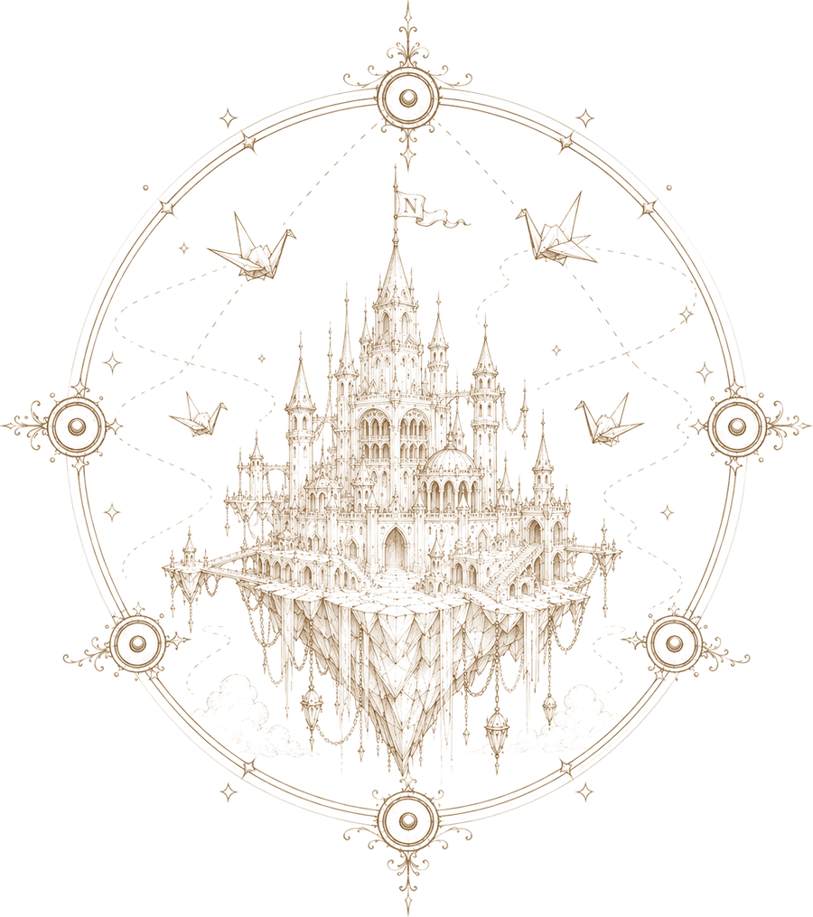 An illustrated map of Nobellia: a floating city above the clouds, ringed by a compass of six sealed realms, with paper cranes charting the paths between them